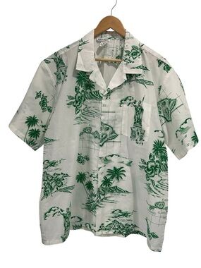 Vintage Made in Hawaii USA Aloha Green White Hawaiian Isles Map Print Shirt - XL